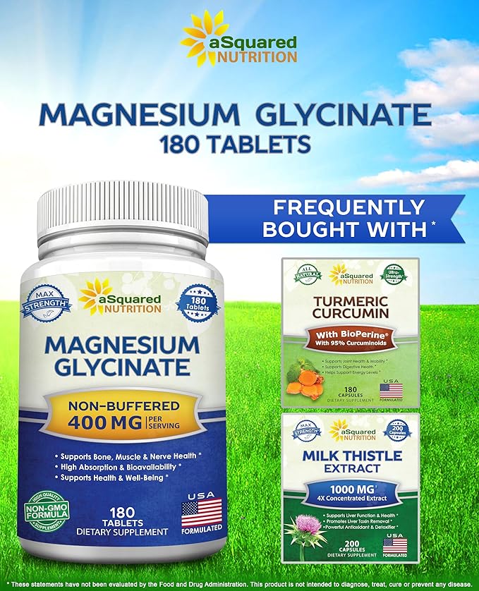 aSquared Nutrition Magnesium Glycinate 400mg - 180 Tablets - Max Strength Magnesium Bisglycinate Supplement -Maximum Bioavailability & Absorption-Non-GMO -Not Buffered-Supports Muscles, Bones & Heart