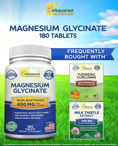 aSquared Nutrition Magnesium Glycinate 400mg - 180 Tablets - Max Strength Magnesium Bisglycinate Supplement -Maximum Bioavailability & Absorption-Non-GMO -Not Buffered-Supports Muscles, Bones & Heart