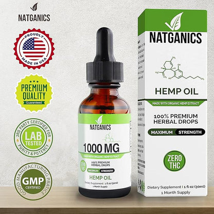 Organic Hemp Oil 1000mg - Ultra Premium Hemp Oil Drops 1000mg - Natural Hemp Oil Extract Tincture - Non-GMO Ultra-Pure CO2 Extracted Drops - Omega Fatty Acids 3 6 9 - Organically Grown & Made in USA