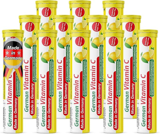 German Vitamin C 180 mg - 240 Vegan Drink Effervescent Tablets - Lemon Lime Flavor - Made in Germany