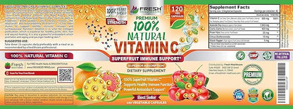 Fresh Healthcare 100% Natural Vitamin C - 500mg from Rose HIPS, Acerola Cherry & Camu Camu - High Absorption Immune Support, Skin, Joint & Collagen Booster with Citrus Biflavonoids - 120 Capsules