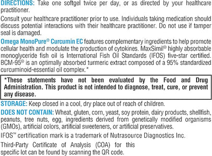 XYMOGEN Omega MonoPure Curcumin EC - Fish Oil with Enhanced DHA EPA Absorption + Turmeric Extract - Omega-3 Supplement for Cytokine Balance Support (30 Softgels)
