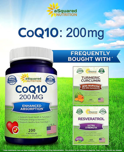 aSquared Nutrition CoQ10 (200 Capsules and 200mg) - High Absorption Vegan CO Q-10 Powder - Enzyme Ubiquinone Supplement Pills, Extra Antioxidant Coenzyme Q10 Vitamin, Coq 10 Alernative to Softgels