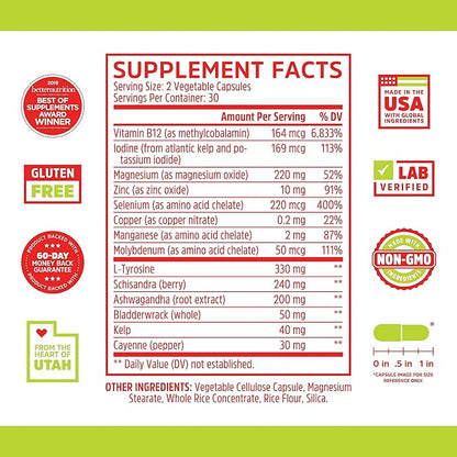 Zhou Thyroid Support - Thyroid Supplement for Women & Men with Zinc, Iodine, & Selenium, Metabolic Health Thyroid Complex with Ashwagandha, Kelp - 60 Veggie Capsules (Pack of 1)