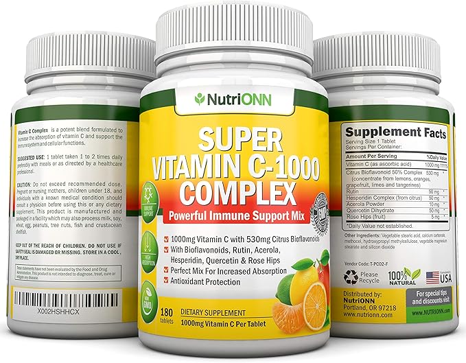 Super Vitamin C Complex - 1695Mg - 180 Tablets - With 530 mg Natural Citrus Bioflavonoids, Rose Hips, Rutin, Quercetin & Hesperidin For Increased Absorption - Advanced Immune Support - Non-GMO