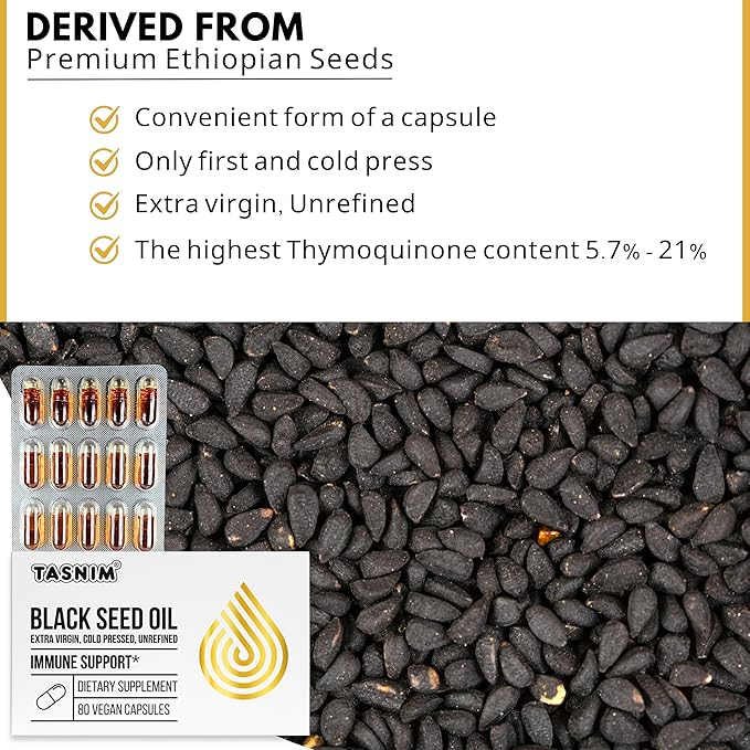 Tasnim Black Seed Oil Organic Cold Pressed Capsules 100% Pure Cold-Pressed Black Cumin Seed Oil Nigella Sativa for Immune Support, Joint Comfort and Vitality