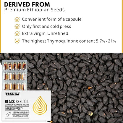 Tasnim Black Seed Oil Organic Cold Pressed Capsules 100% Pure Cold-Pressed Black Cumin Seed Oil Nigella Sativa for Immune Support, Joint Comfort and Vitality