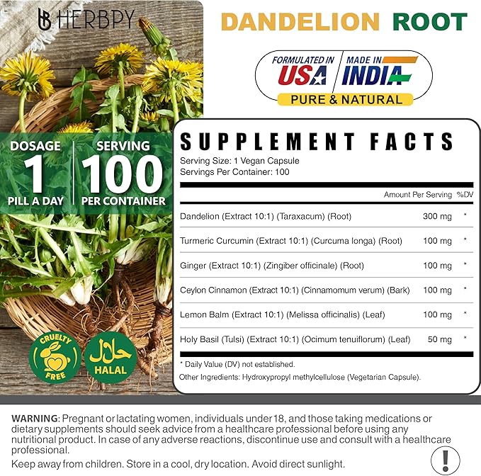 Dandelion Root Supplement 7500mg 6in1 for Digestion, Heart Health & Immune - Blended with Ginger, Turmeric Curcumin, Ceylon Cinnamon, Lemon Balm & Holy Basil - 100 Dandelion Capsules