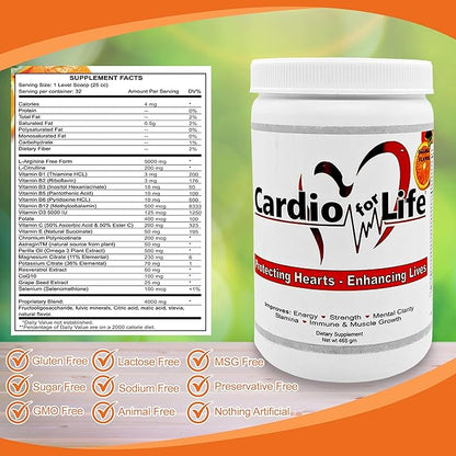Cardio for Life L-Arginine Powder 16oz - Natural Nitric Oxide Supplement Cardiovascular Increase Energy - Orange