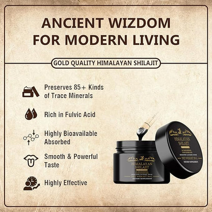 Shilajit Pure Himalayan Shilajit Resin - Gold Grade 100% Pure Shilajit with Fulvic Acid & 85+ Trace Minerals Complex for Energy & Immune Support - 50g
