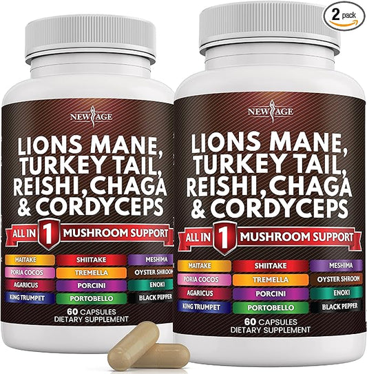 NEW AGE Lions Mane Mushroom Supplement with Turkey Tail Reishi Cordyceps Chaga with Marshmallow Root - 120 Count