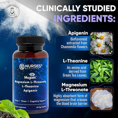 Clinically Studied – Premium High Absorption Magnesium Sleep Supplement – Magnesium L-Threonate L-Theanine Apigenin – Sleep & Stress Support – Third Party Tested – Made in USA – Gluten Free