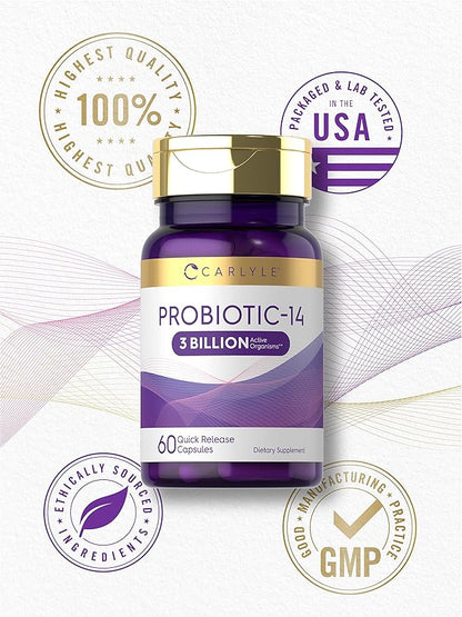 Carlyle Probiotic for Women & Men | 3 Billion CFU | 60 Capsules | 14 Strains | Non-GMO & Gluten Free