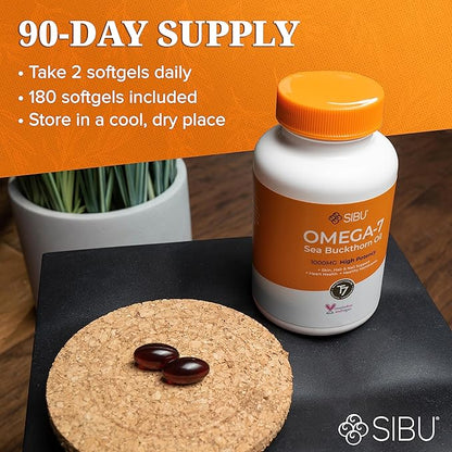 sibu Omega-7 Softgels, Premium Organic Himalayan Sea Buckthorn Oil (180ct, 90 Day Supply) – Supplement for Healthy Skin, Hair, Nails and Dryness