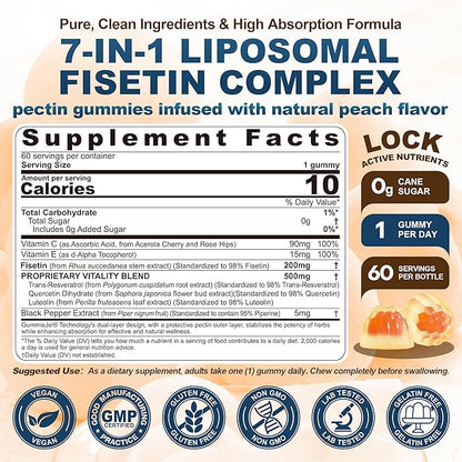 Liposomal Fisetin 200mg & Resveratrol Complex 500mg Liquid Gummies - Longevity & Cell Renewal Support - 98% High Purity Fisetin,Trans-Resveratrol Quercetin Luteolin with Vitamins C & E, 1-A-Day, 60Cts