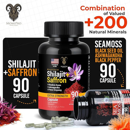 Pure Himalayan Saffron Shilajit and Sea Moss for Men & Women-Shilajit Capsules & Sea Moss Capsules Organic- Ashwagandha & Black Seed Oil Ashwagandha Burdock Root-All in One Supplement