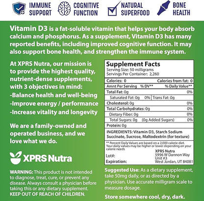 XPRS Nutra Vitamin D3 Powder (Cholecalciferol) - Unflavored VIT D for Bones and Immunity - Vitamin for Muscle Function - Vitamin D Powder Supplements (4 Ounce)