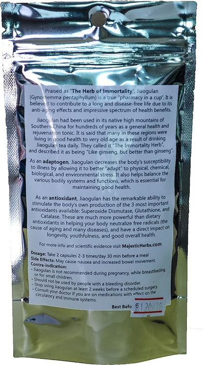 Jiaogulan Capsules (Gynostemma Pentaphyllum) Organically Grown | Improve Overall Health | Longevity Antiaging 100% Crushed Leaf (100x500mg)