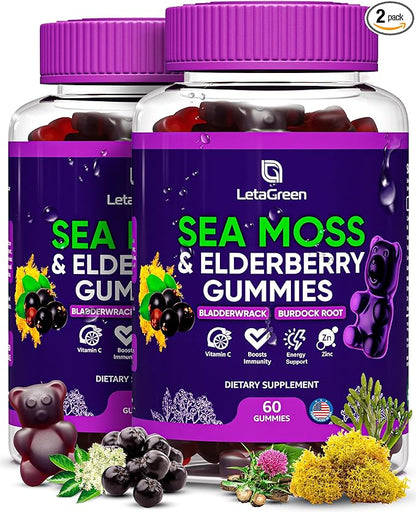 Irish Sea Moss Gummies – Sea Moss Bladderwrack Burdock Elderberry – 60 Vegan Seamoss Bears – Elderberry Gummies for Kids & Adults with Vitamin C & Zinc (Pack of 2)