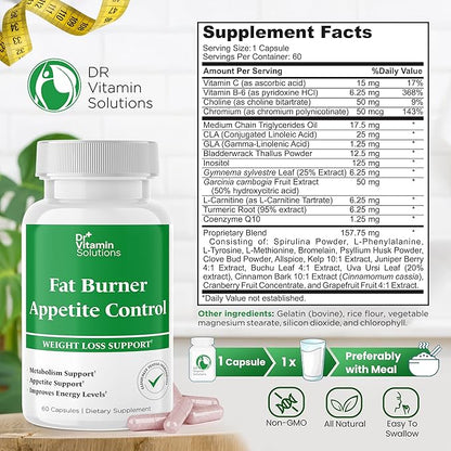 Dr. Vitamin Fat Burner & Appetite Control Weight Loss Supplements for Women & Men - Metabolism Booster w/L-Carnitine, CLA, Chromium - Appetite Suppressant for Weight Loss - 60 Belly Fat Diet Pills