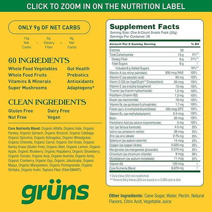 Gruns Adults Super Greens Gummies, Superfood Gummy Bears with Spirulina, Chlorella, Prebiotics & Fiber for Digestive Health, Adaptogens Supplement with 20 Vitamins & Minerals, Low Sugar, 28 Packets