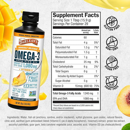 Barlean's Mango Peach Omega 3 Fish Oil Liquid Supplement with Vitamin D, 1080mg EPA & DHA Fatty Acid, Smoothie Flavored & Burpless for Brain, Joint, & Heart Health, 16 oz