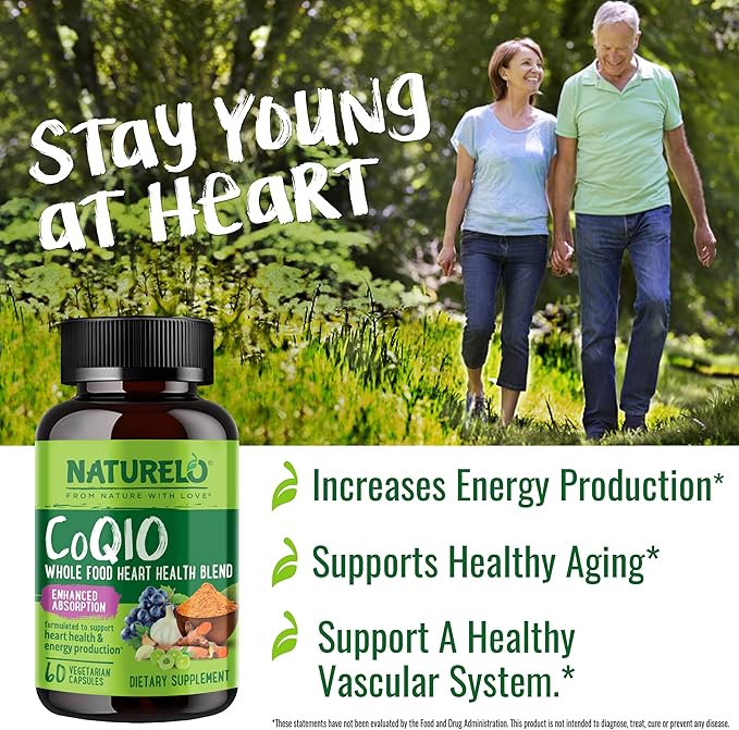 NATURELO Whole Food CoQ10 with Heart Health Blend, Powerful Antioxidant for Energy Production, 60 Capsules