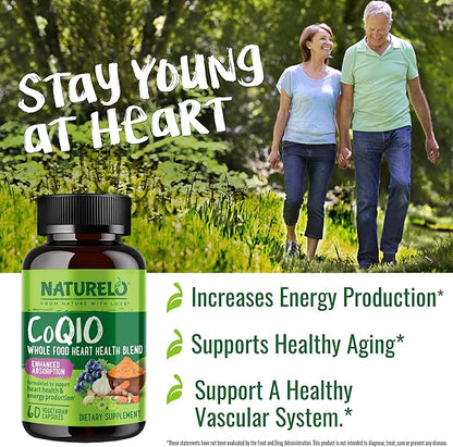NATURELO Whole Food CoQ10 with Heart Health Blend, Powerful Antioxidant for Energy Production, 60 Capsules