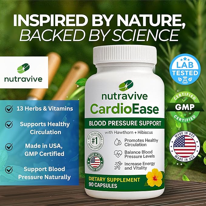 Blood Pressure Support Supplements – Featuring Hawthorn Berry, Hibiscus, Olive Leaf, Garlic Supplements, and Vitamin B12 for Nitric Oxide Supplement and Normal Blood Pressure - 90 caps