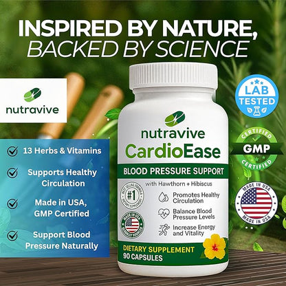 Blood Pressure Support Supplements – Featuring Hawthorn Berry, Hibiscus, Olive Leaf, Garlic Supplements, and Vitamin B12 for Nitric Oxide Supplement and Normal Blood Pressure - 90 caps