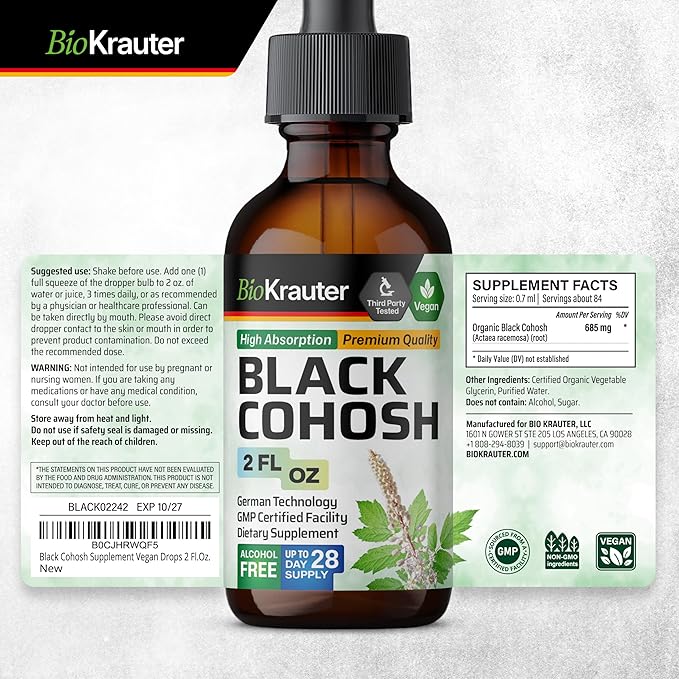 BIO KRAUTER Black Cohosh Root Tincture - Vegan Black Cohosh Supplements Women Support - Alcohol and Sugar Free - 2 Fl.Oz.