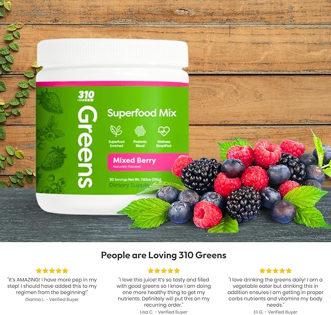 310 Nutrition Organic Superfood Greens Powder – Super Green Powder Supplement with Daily Greens Spirulina, Vegetable Enzymes & Antioxidants – Immunity Boost – Mixed Berry, 30 Servings