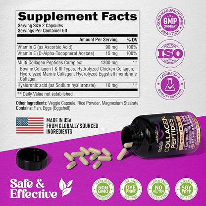 Multi Collagen Peptides - Hydrolyzed Types I, II, III, V & X - Collagen Supplement for Women 1300mg - w/ Hyaluronic Acid, Vitamins C & E - Skin, Hair, Nails & Joint Support - Made in USA, 120 Capsules