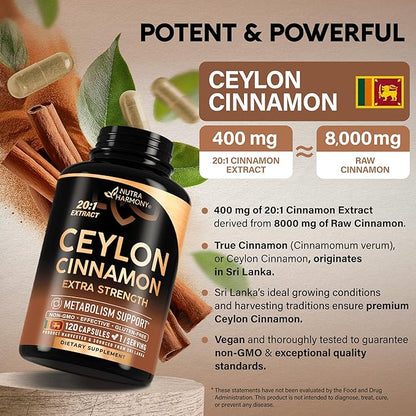 Ceylon Cinnamon Capsules - Extra Strength - Energy, Heart & Metabolism Support - for Men & Women - Pure Natural Extract 20:1 Supplement - Made in USA - GMO & Gluten Free, 120 Capsules, 4 Month Supply