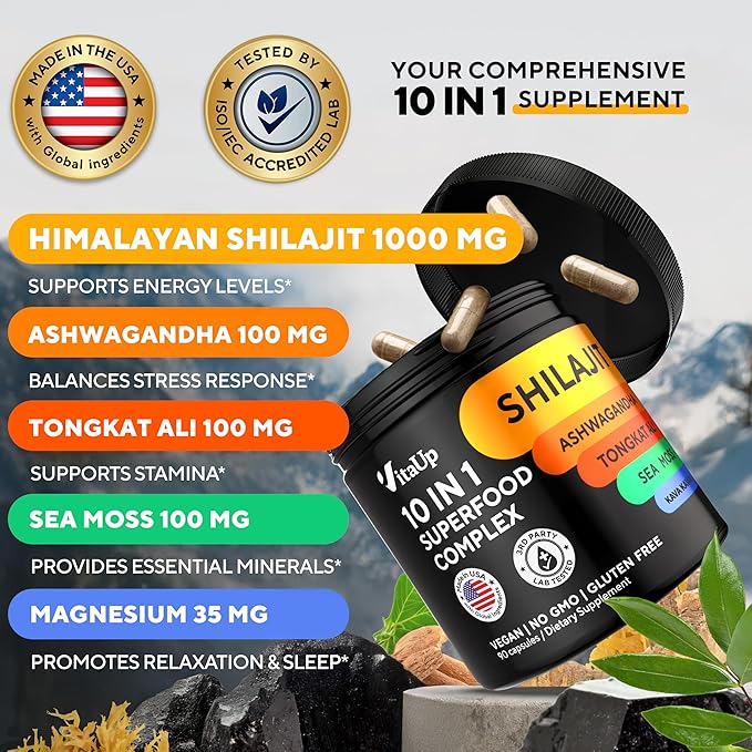 Shilajit Capsules 10 in 1 with Kava Kava - USA Made Himalayan Shilajit for Men with Tongkat Ali, Ashwagandha, Kava Kava for Energy & Immunity Support - 90 Count