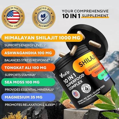 Shilajit Capsules 10 in 1 with Kava Kava - USA Made Himalayan Shilajit for Men with Tongkat Ali, Ashwagandha, Kava Kava for Energy & Immunity Support - 90 Count