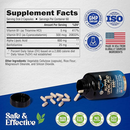 Alpha Lipoic Acid 600mg - ALA Supplement Antioxidant for Nerve, Energy & Metabolism Support - Extra Strength with Benfotiamine, Vitamins B1 & B12 - Lab Tested, NON-GMO & Vegan - 120 Capsules, 2 Month