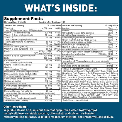 Dr. Tobias Adult Multivitamin for Women & Men, Immune Supporting Vitamins from 42 Fruits, Vegetables, Plus Probiotics, Vegan Multivitamins for Men & Women, Non-GMO, 90 Tablets, 30 Servings