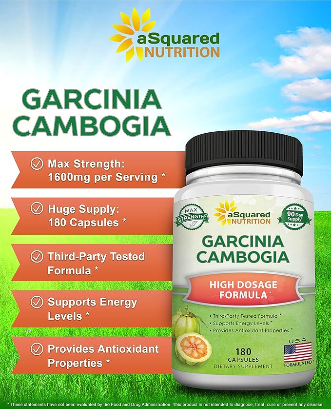 aSquared Nutrition Garcinia Cambogia 1600mg-180 Capsules-Natural Pure Extract Pills for Brain Health- Standardized Ultra HCA & Garcinia Cambogia Supplement Alternative to Gummies, Drops, Tea & Powder