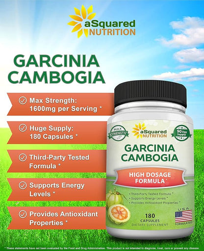 aSquared Nutrition Garcinia Cambogia 1600mg-180 Capsules-Natural Pure Extract Pills for Brain Health- Standardized Ultra HCA & Garcinia Cambogia Supplement Alternative to Gummies, Drops, Tea & Powder