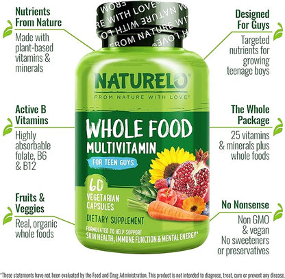 NATURELO Teen Multivitamin - Whole Food Multivitamin for Teenage Boys - Minerals Supplement for Active Kids - with Plant Extracts - Non-GMO - Vegan & Vegetarian - 60 Capsules