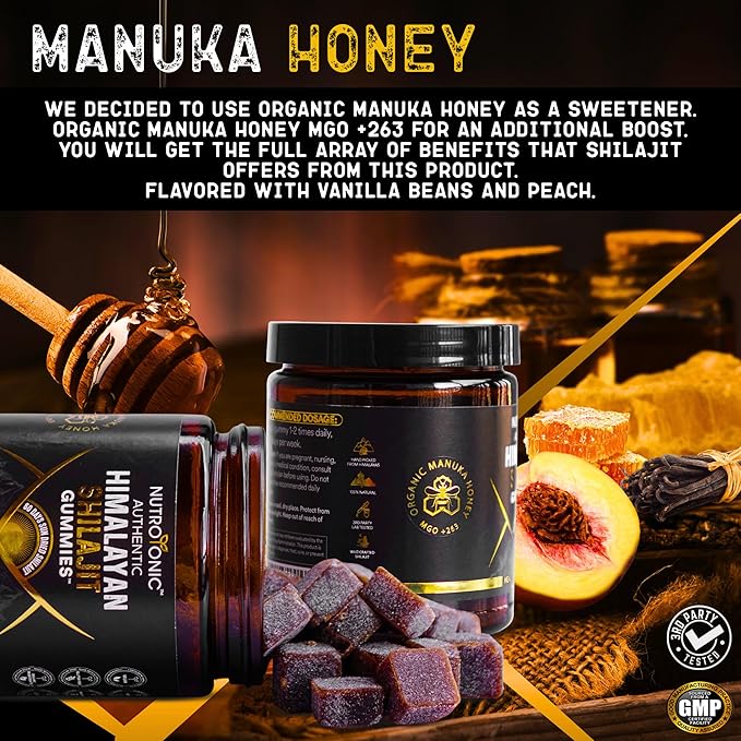 NutroTonic® Organic SHILAJIT Gummies | Peach & Vanilla Flavor | Wild Crafted Manuka Honey MGO +263 | Heart, Brain, Cellular Health | 30 Healthy Gummies | Proudly Made in USA with the Finest Ingredients