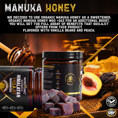 NutroTonic® Organic SHILAJIT Gummies | Peach & Vanilla Flavor | Wild Crafted Manuka Honey MGO +263 | Heart, Brain, Cellular Health | 30 Healthy Gummies | Proudly Made in USA with the Finest Ingredients