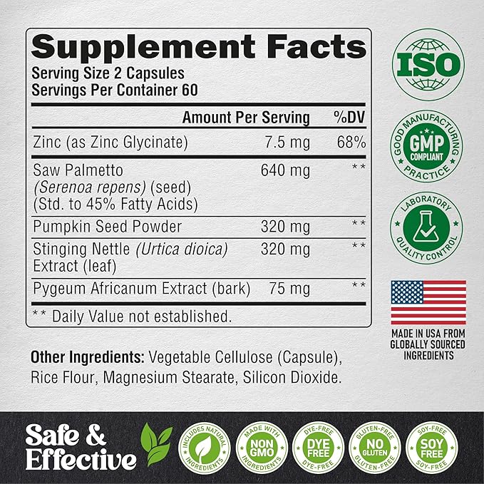 Saw Palmetto for Men 640mg - Pumpkin Seed | Nettle | Zinc & Pygeum - Prostate Health & Urinary Supplement - DHT Blocking & Hair Support - 45% Fatty Acids, Clinical Strength - Made in USA, 120 Capsules