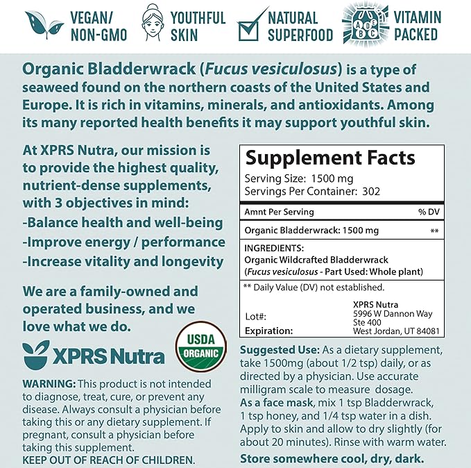 XPRS Nutra Organic Bladderwrack Powder (Fucus Vesiculosus) - Premium Bladderwrack Organic Powder for Glowing Skin - Vegan Friendly Bladderwrack Herb Iodine Supplement (16 Ounce)