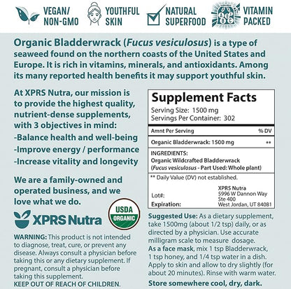 XPRS Nutra Organic Bladderwrack Powder (Fucus Vesiculosus) - Premium Bladderwrack Organic Powder for Glowing Skin - Vegan Friendly Bladderwrack Herb Iodine Supplement (16 Ounce)