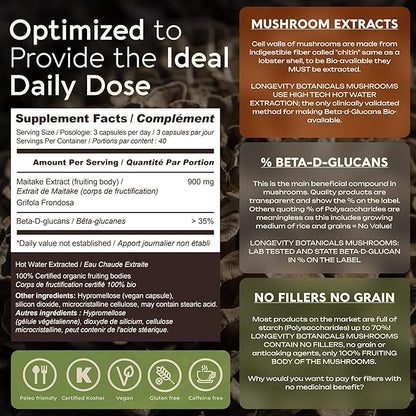 Longevity Botanicals Organic Maitake Mushroom Extract Capsules (120) | Concentrated 10:1 Ratio | 100% Fruiting Bodies | Grifola frondosa Natural Supplement for Gut Health & Immunity Support