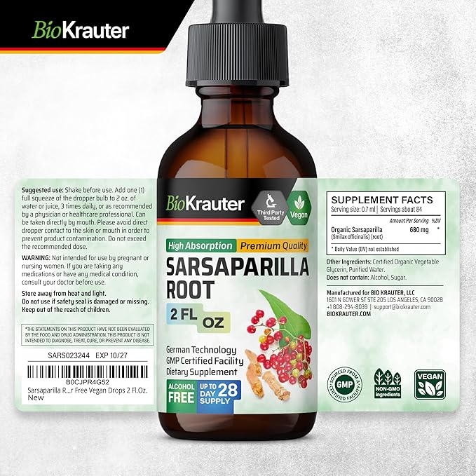 BIO KRAUTER Goldenseal 100 Capsules & Sarsaparilla Tincture 2 Fl. Oz.