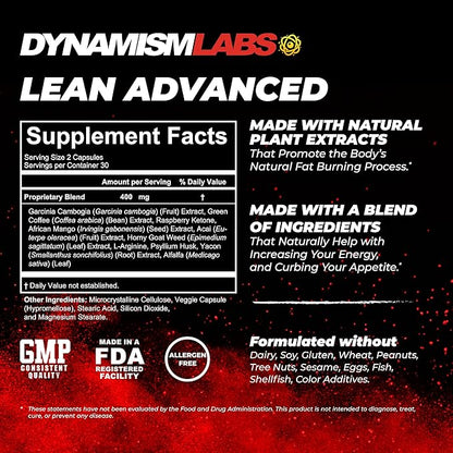 Dynamism Labs Lean Advanced Fat Burner | Garcinia Cambogia Extract, Green Tea Extract, Raspberry Ketone | Made in USA (60 Tablets)