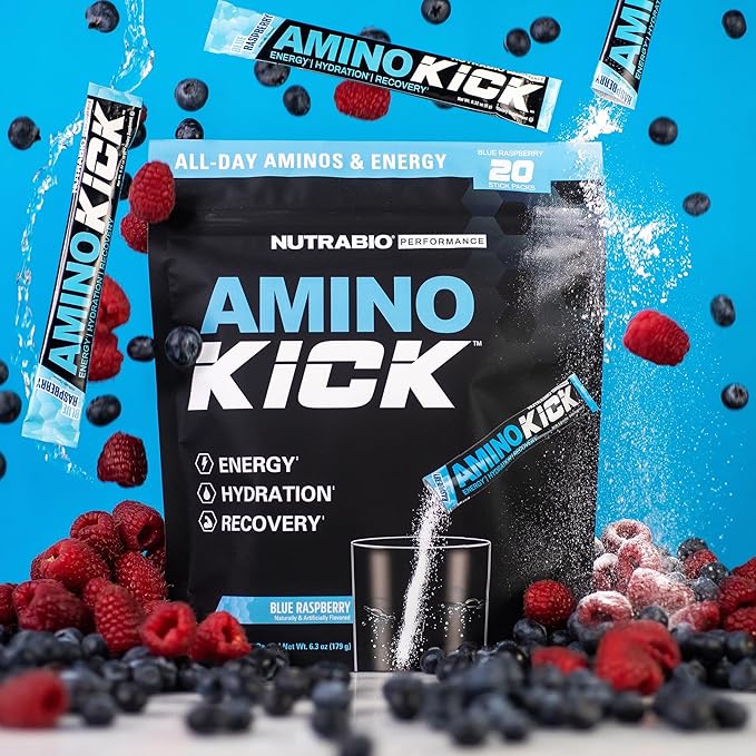 NutraBio Amino Kick Stick Pack - Amino Acids Supplement - BCAA Powder, Electrolytes for Hydration, Natural Caffeine- 20 Servings- Blue Raspberry